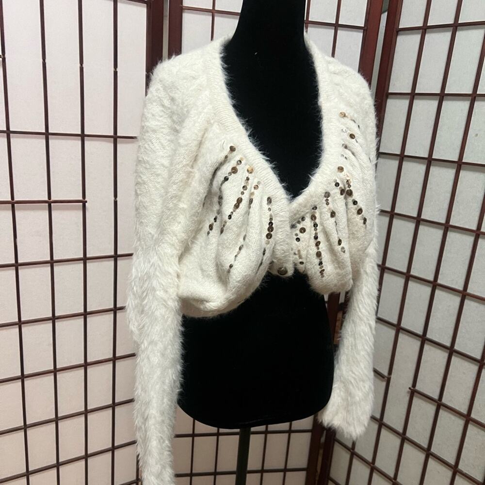 ANTHROPOLOGIE KNITTED & KNOTTED EMBELLISHED CROPPED CARDIGAN SWEATER SIZE S